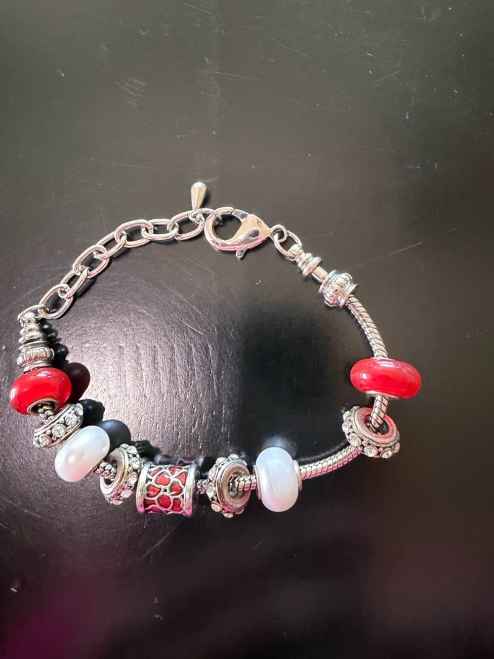 bella Perlina Red and White Glass Bead Charm Bracelet with Silver Accents